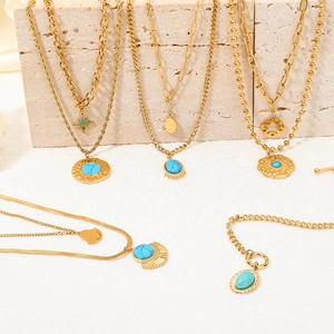 Double Layered Stainless Steel Necklace Gold Plated With Turquoise Pendant Bohemian Vintage Style Jewelry For Women