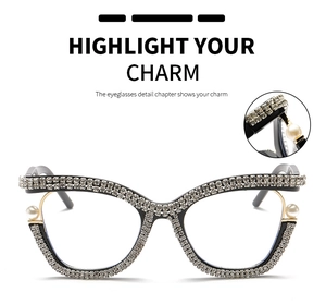 Close-up of cat-eye frames featuring inlaid rhinestones and elegant pearl accents