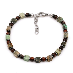 Tiger eye and African turquoise natural stone beaded bracelet with adjustable metal clasp