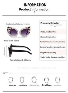 Size chart for rhinestone cat eye sunglasses showing 145mm frame width and UV400 details