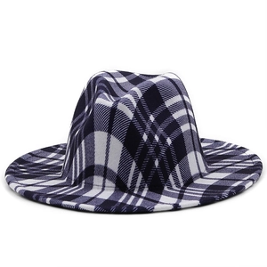 Detailed view of the blue and white plaid pattern and textured wool felt on the fedora