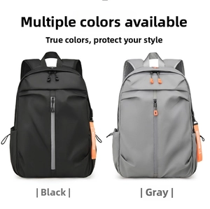 Detail of black and grey backpacks featuring orange pull cords and waterproof fabric