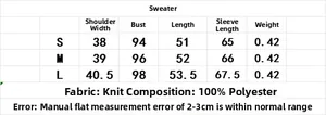 Tableau des tailles détaillé pour pull en maille style tweed avec mesures buste et manches
