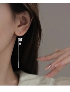 Side view of elegant S925 silver butterfly earrings with long tassel on a model