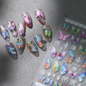 Colorful butterfly nail stickers with matte gradient designs for elegant manicure art