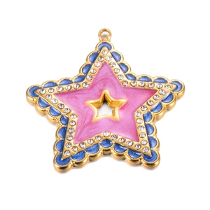Detail of star pendant with pink and blue enamel, gold plating and cubic zirconia