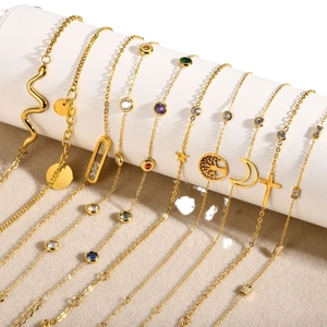 Gold stainless steel bracelets with colorful zircon and geometric charms for women