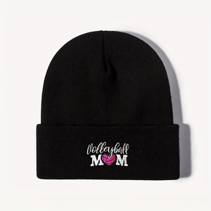 Close-up of Volleyball MOM heart embroidery on a black ribbed knit beanie hat