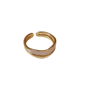 Minimalist double-layered gold open ring with light pink enamel wave design for women