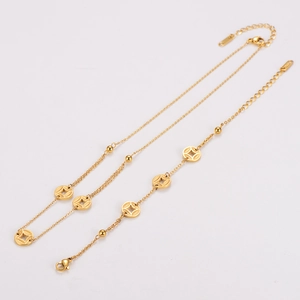 Elegant gold double-layer necklace featuring Chinese ancient coin pendants and metal beads