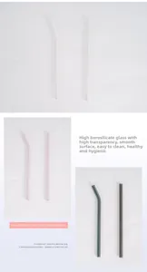 Heat-resistant borosilicate glass straws in pink, blue, and clear colors with straight and curved tips
