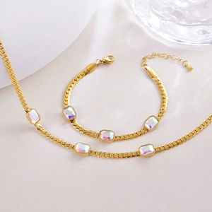 Titanium Steel Iridescent Rectangular Stone Necklace Bracelet Set For Women Waterproof High End Snake Chain Jewelry Set