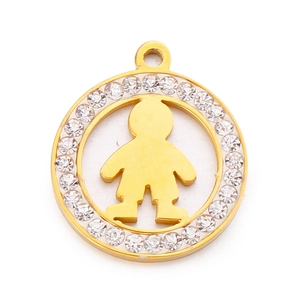 Pendentif rond doré avec silhouette de garçon et strass scintillants pour bijoux DIY