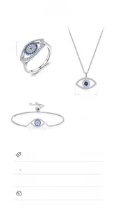 Macro detail of S925 silver evil eye jewelry set with dimensions and weight specs