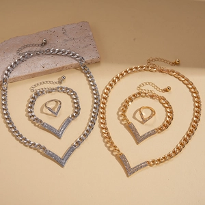 Chic gold and silver V-shaped jewelry set with necklace bracelet and ring set