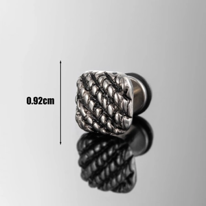 Square stainless steel stud earrings with vintage woven texture and 0.92cm diameter