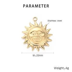 Detailed parameter view of 20mm golden stainless steel sun face relief pendant