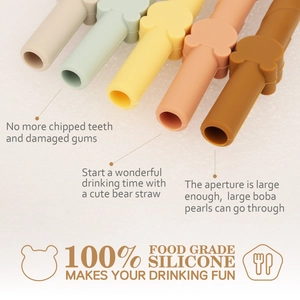 Macro detail of five bear-shaped food grade silicone straws in assorted colors