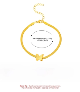 Detailed spec sheet for gold butterfly snake chain bracelet with length and weight info