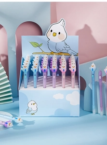 Detail of cute parrot-shaped gel pens in bulk box featuring colorful gradient designs