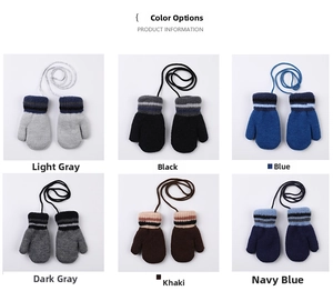 Color options for children's thermal knitted neck-hanging mittens with striped cuffs
