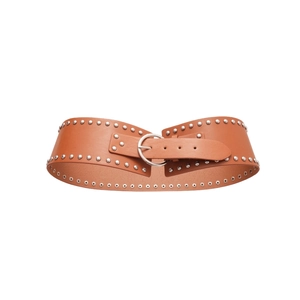 Vintage wide leather waist belt in caramel brown with double-row silver metal studs