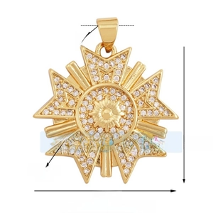 Detailed size map of gold starburst pendant with white zircon pavé and 24mm diameter
