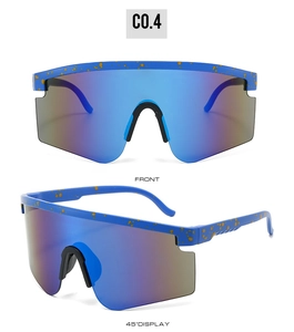 Front and side view of blue cycling glasses with orange splatter and purple mirrored lens