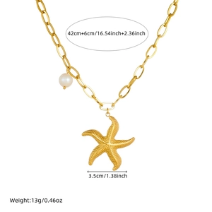 Gold plated ocean style necklace with starfish charm and white pearl pendant on chain