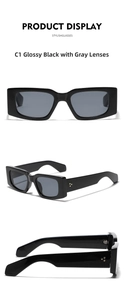 Three-way view of Y2K retro black rectangular sunglasses with gold dot detail