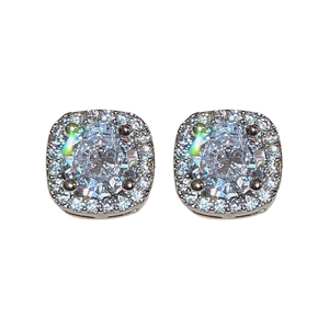 Square zircon stud earrings with silver needles and shimmering halo design for women