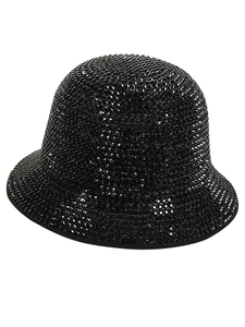 Detailed view of glamorous black disco bucket hat with shimmering rhinestone embellishments