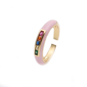 Colorful rainbow enamel open ring in gold finish with square cubic zirconia stones