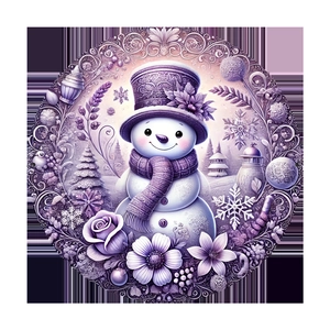 Detail of round wooden Christmas sign featuring a cute snowman and purple floral wreath