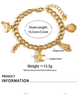 Detailed specs of stainless steel starfish bracelet with 15.5cm chain and charms