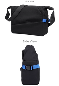 Side view detail of black nylon crossbody bag featuring vibrant blue adjustable side straps