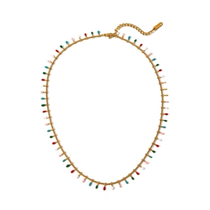 Gold stainless steel necklace featuring vibrant colorful enamel charms on a white background