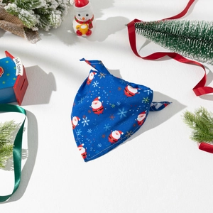 Deep blue Christmas pet triangle bandana with Santa and snowflake festive prints