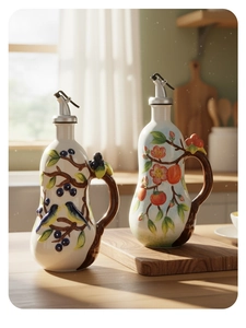Detalle de dispensadores de aceite de cerámica pintados a mano con motivos de aves y flores