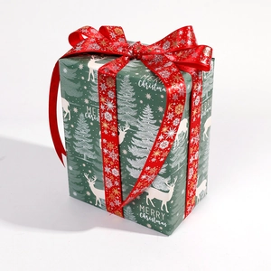 Feestelijke groene kerstcadeaudoos met rendierpatronen en rood lint met sneeuwvlokken