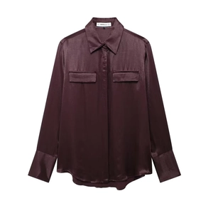 Women Long Sleeve Satin Shirt Elegant Solid Color Lapel Button Down Blouse With Chest Pockets For Office Commute