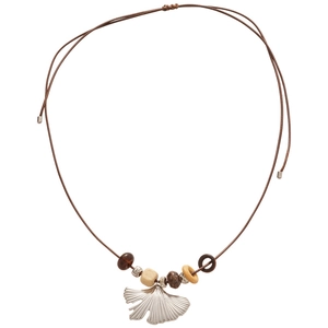 Ethnic stainless steel ginkgo leaf necklace with wooden beads on brown woven cord