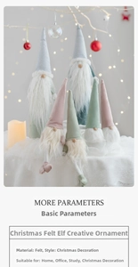 Detail of colorful felt Christmas gnomes with long hats and white beards on festive background