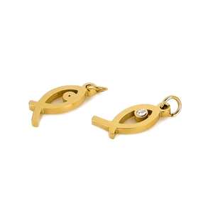Close-up of golden fish charms with crystal inlay and jump rings for DIY jewelry