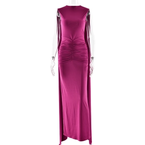 Elegant purple sleeveless maxi dress with front pleats and cape back for evening parties