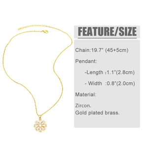 Detail showing gold daisy pendant measurements of 2.8cm by 2.0cm and 45cm chain length