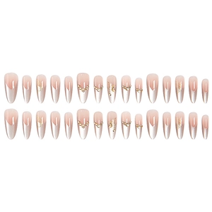 Cat eye press-on nails with pink gradient, 3D golden butterflies and sparkling rhinestones