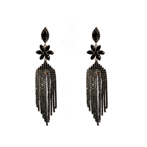 Orecchini neri a fiore in stile gotico con strass brillanti e lunghe catene a frangia