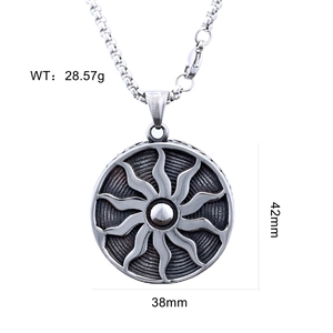 Detailed view of Nordic sun totem stainless steel pendant with size and weight specs