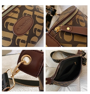 Detailed views of brown monogram waist bag featuring gold zippers and abada logo patch